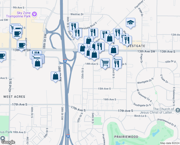 map of restaurants, bars, coffee shops, grocery stores, and more near 1415 34th Street South in Fargo