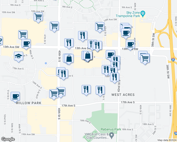 map of restaurants, bars, coffee shops, grocery stores, and more near 4333 15th Avenue South in Fargo