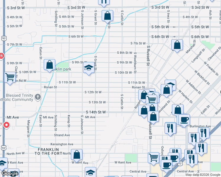 map of restaurants, bars, coffee shops, grocery stores, and more near 1749 South 12th Street West in Missoula