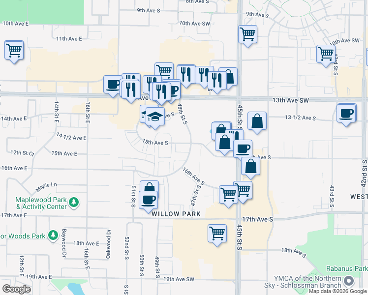 map of restaurants, bars, coffee shops, grocery stores, and more near 1501 48th Street South in Fargo