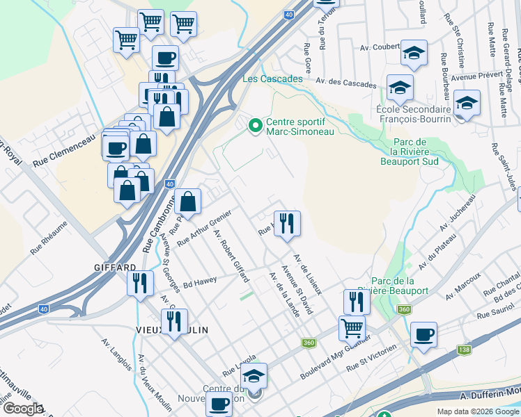map of restaurants, bars, coffee shops, grocery stores, and more near 3525 Rue du Long Sault in Ville de Québec