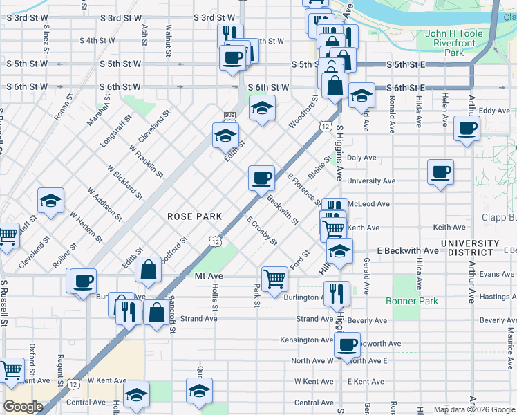 map of restaurants, bars, coffee shops, grocery stores, and more near 542 Brooks Street in Missoula