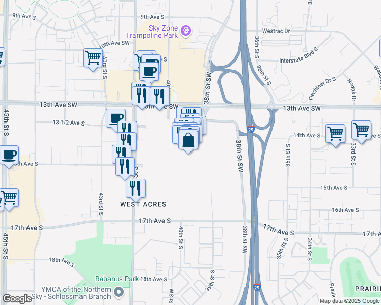 map of restaurants, bars, coffee shops, grocery stores, and more near 3902 13th Avenue South in Fargo