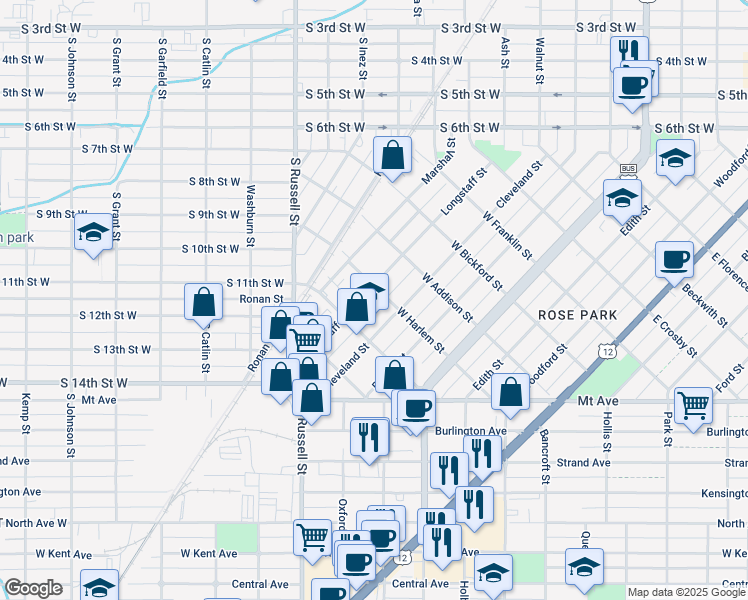 map of restaurants, bars, coffee shops, grocery stores, and more near 1001-1099 Cleveland St in Missoula