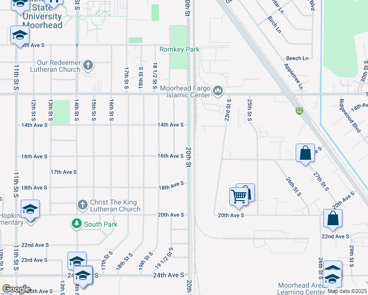 map of restaurants, bars, coffee shops, grocery stores, and more near 1516 19 1/2 Street South in Moorhead