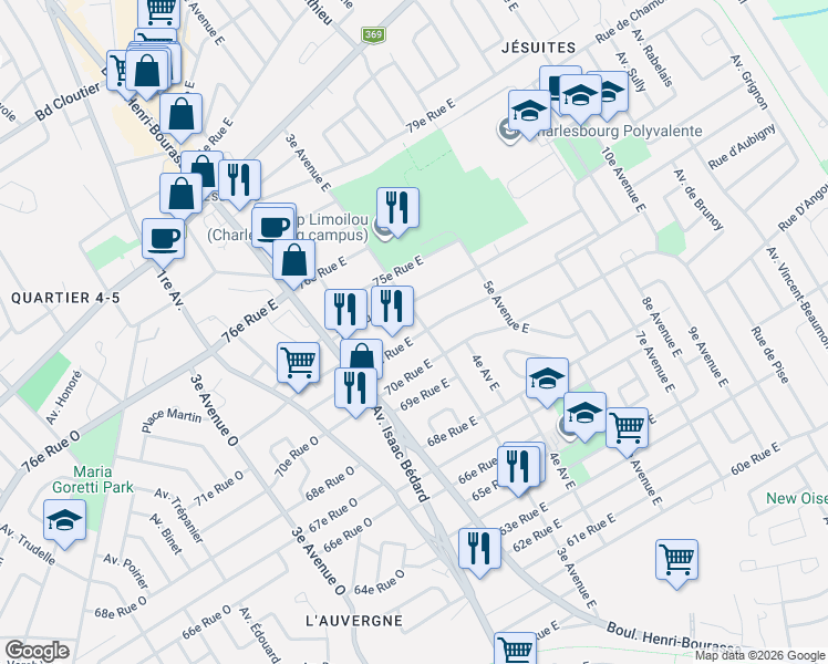 map of restaurants, bars, coffee shops, grocery stores, and more near 273 71e Rue Est in Québec