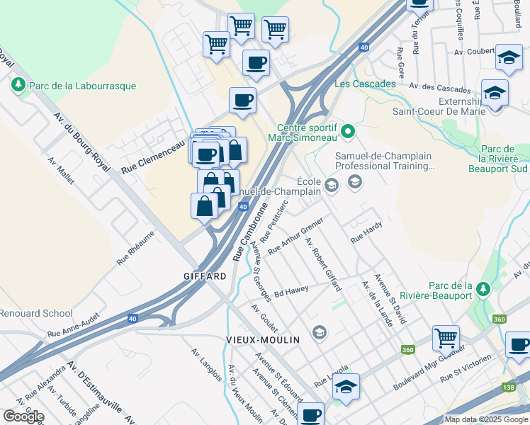 map of restaurants, bars, coffee shops, grocery stores, and more near 3380 Rue Cambronne in Québec