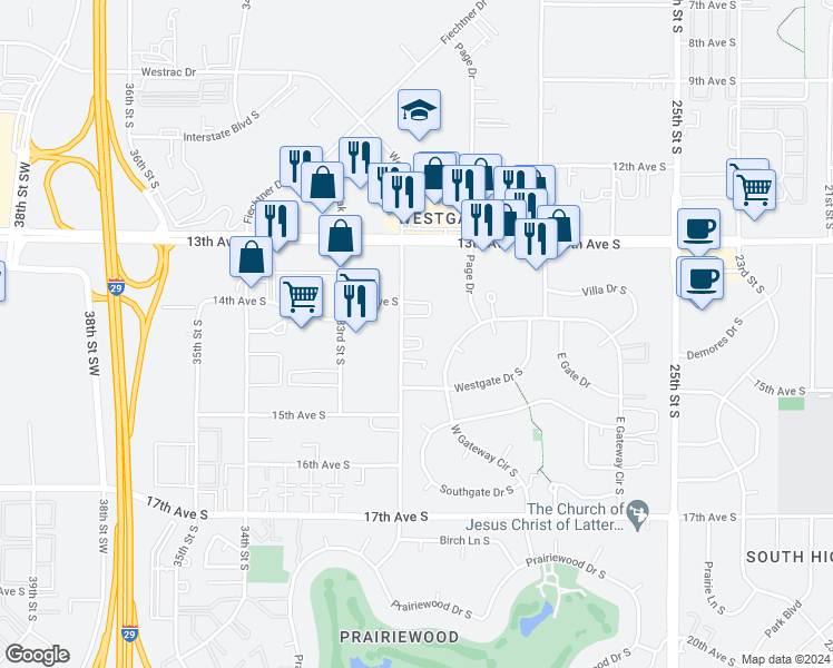 map of restaurants, bars, coffee shops, grocery stores, and more near 1402 32nd Street South in Fargo