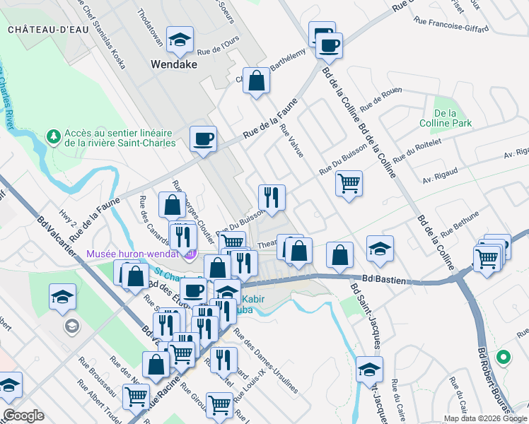 map of restaurants, bars, coffee shops, grocery stores, and more near 140 Rue Maurice Barthe in Québec