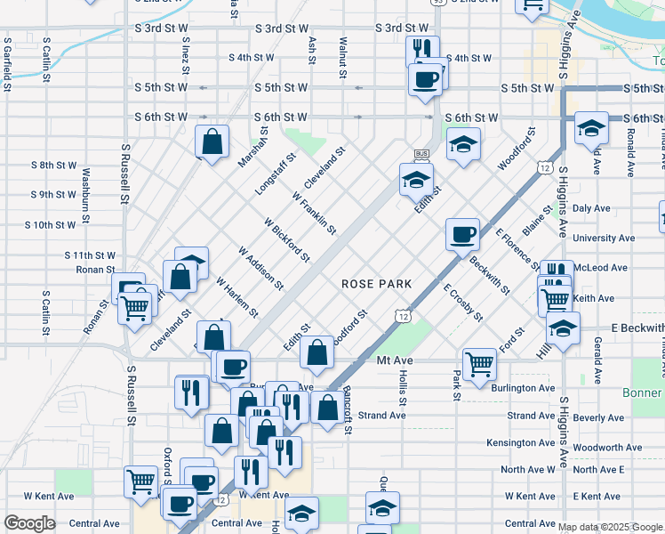 map of restaurants, bars, coffee shops, grocery stores, and more near 801 Edith Street in Missoula