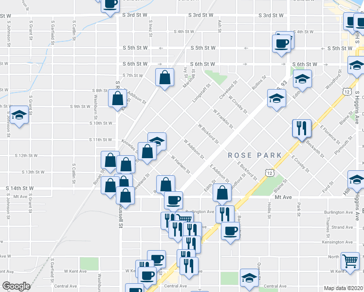 map of restaurants, bars, coffee shops, grocery stores, and more near 940 Cleveland Street in Missoula