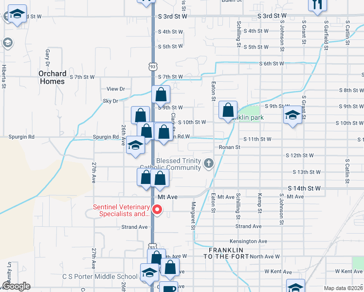 map of restaurants, bars, coffee shops, grocery stores, and more near 1312 Bridge Court Way in Missoula