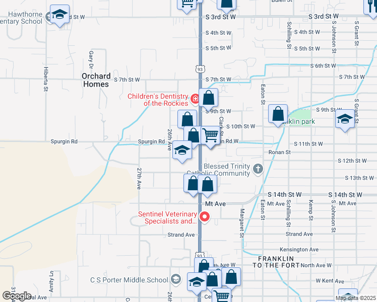 map of restaurants, bars, coffee shops, grocery stores, and more near 2519 Spurgin Road in Missoula