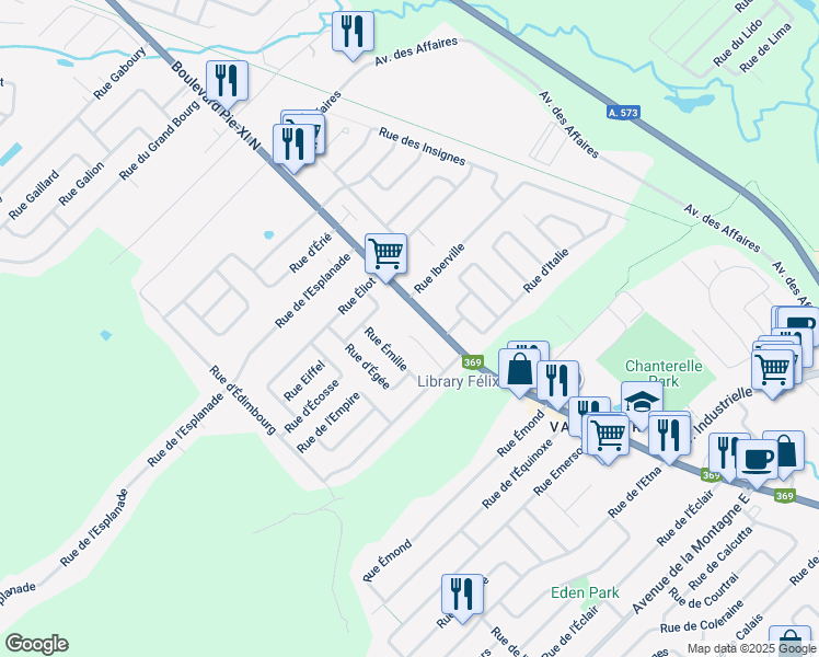 map of restaurants, bars, coffee shops, grocery stores, and more near 1403 Rue Élie in Québec