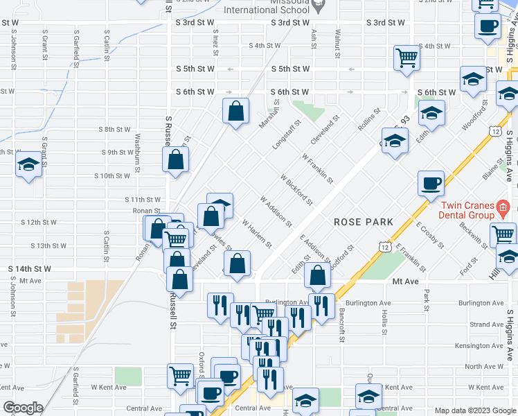 map of restaurants, bars, coffee shops, grocery stores, and more near 910 Cleveland Street in Missoula