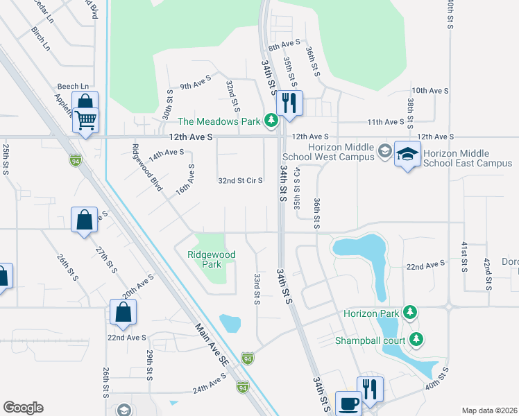 map of restaurants, bars, coffee shops, grocery stores, and more near 1722 33 1/2 Street South in Moorhead
