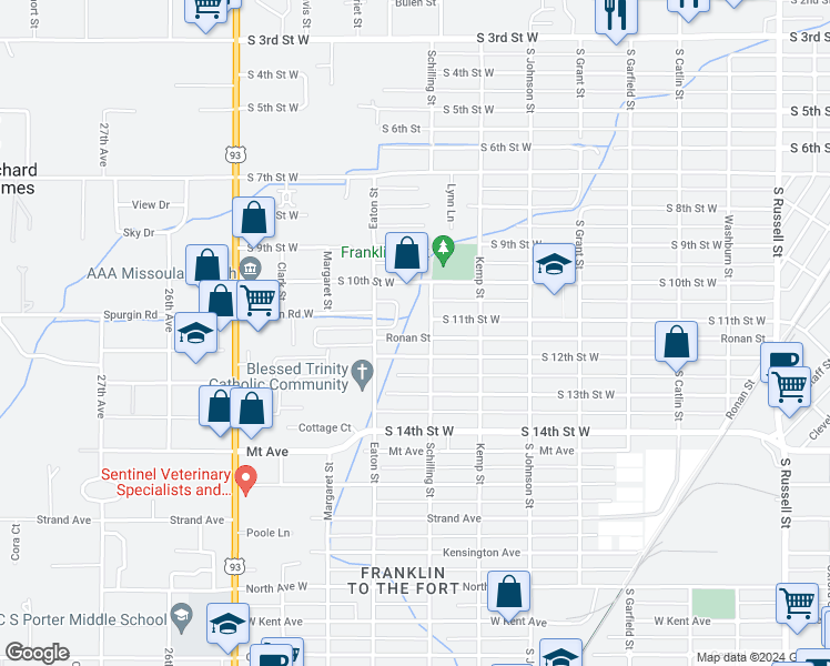 map of restaurants, bars, coffee shops, grocery stores, and more near 1313 Schilling Street in Missoula