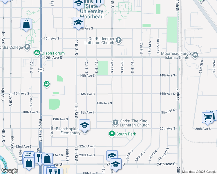 map of restaurants, bars, coffee shops, grocery stores, and more near 1520 14th Street South in Moorhead