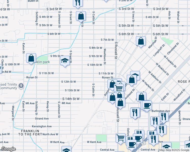 map of restaurants, bars, coffee shops, grocery stores, and more near 1701 South 12th Street West in Missoula