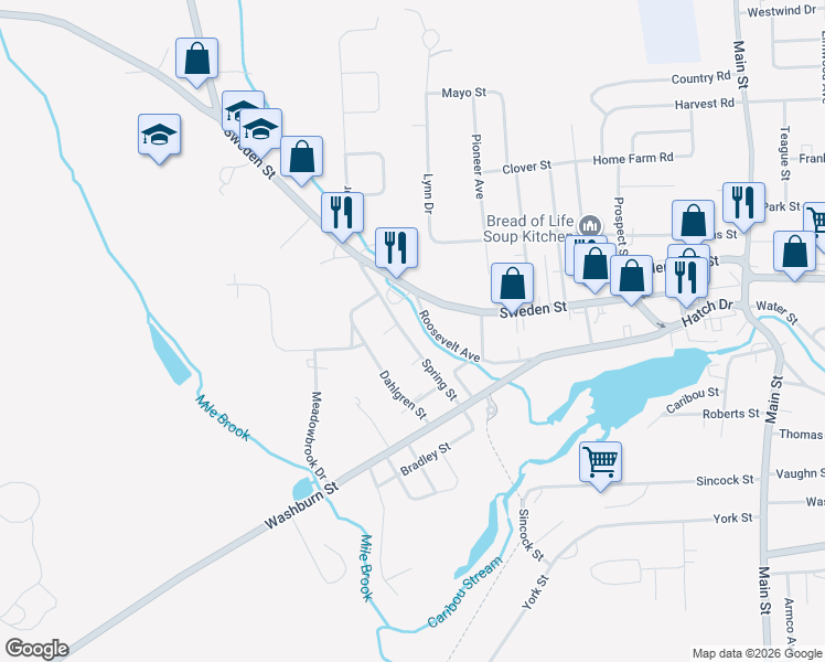 map of restaurants, bars, coffee shops, grocery stores, and more near 28 Spring Street in Caribou