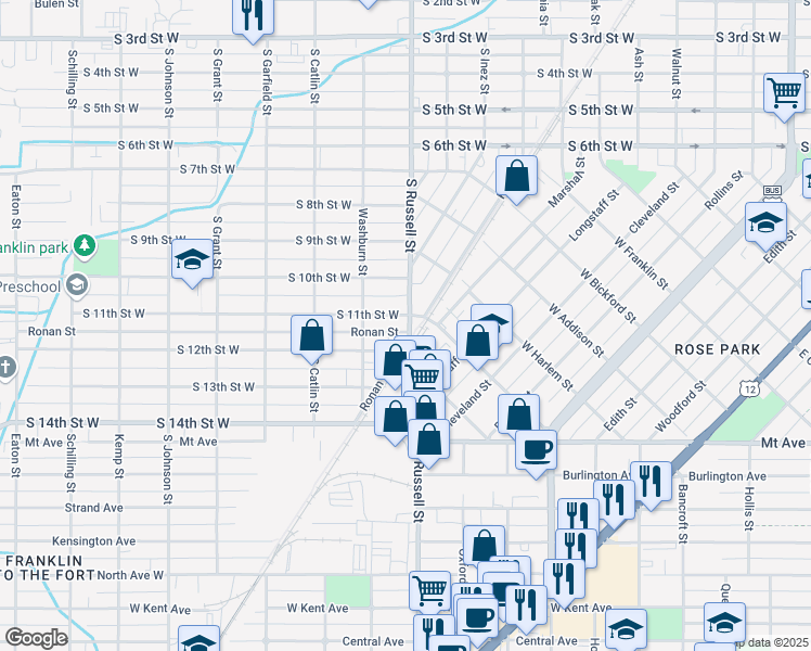 map of restaurants, bars, coffee shops, grocery stores, and more near 1526 South 12th Street West in Missoula