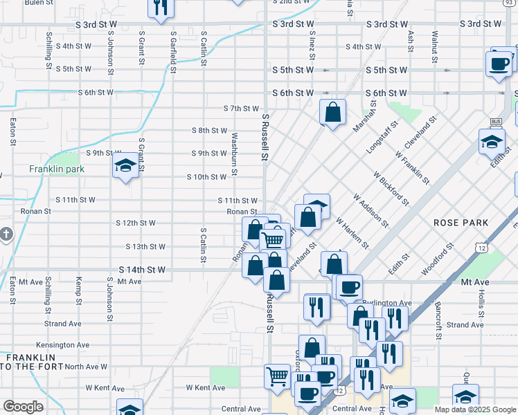 map of restaurants, bars, coffee shops, grocery stores, and more near 1526 South 12th Street West in Missoula