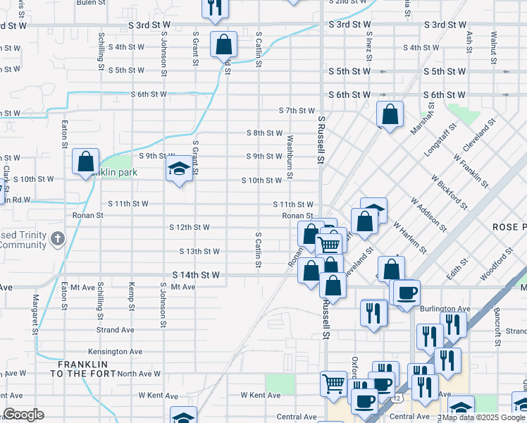map of restaurants, bars, coffee shops, grocery stores, and more near 1701 South 12th Street West in Missoula