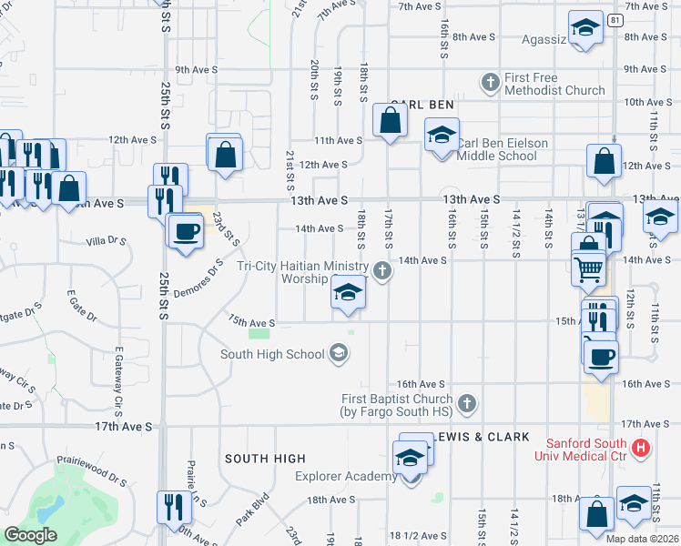 map of restaurants, bars, coffee shops, grocery stores, and more near 1446 19th Street South in Fargo