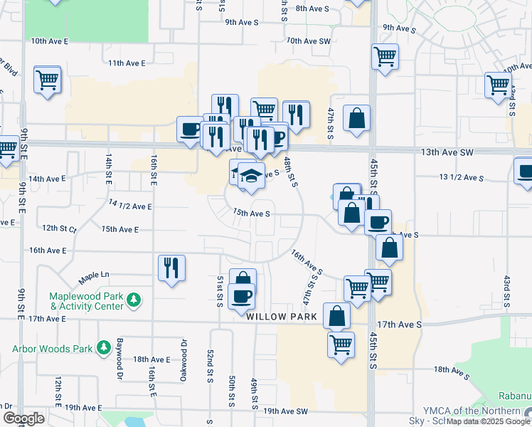 map of restaurants, bars, coffee shops, grocery stores, and more near 4816 15th Avenue South in Fargo