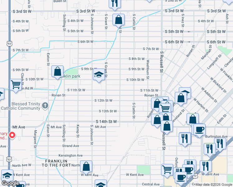 map of restaurants, bars, coffee shops, grocery stores, and more near 1845 South 12th Street West in Missoula