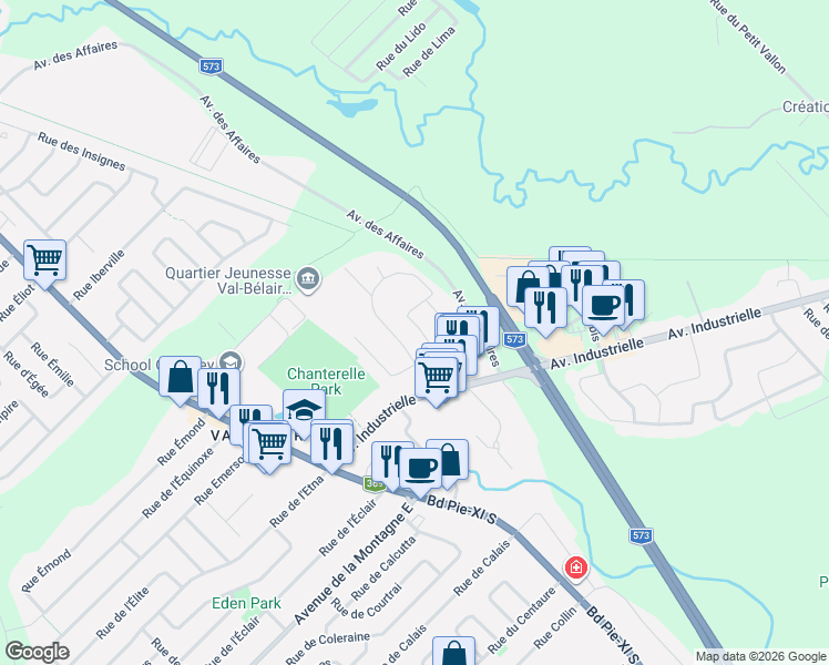 map of restaurants, bars, coffee shops, grocery stores, and more near 1230 Rue Impériale in Québec