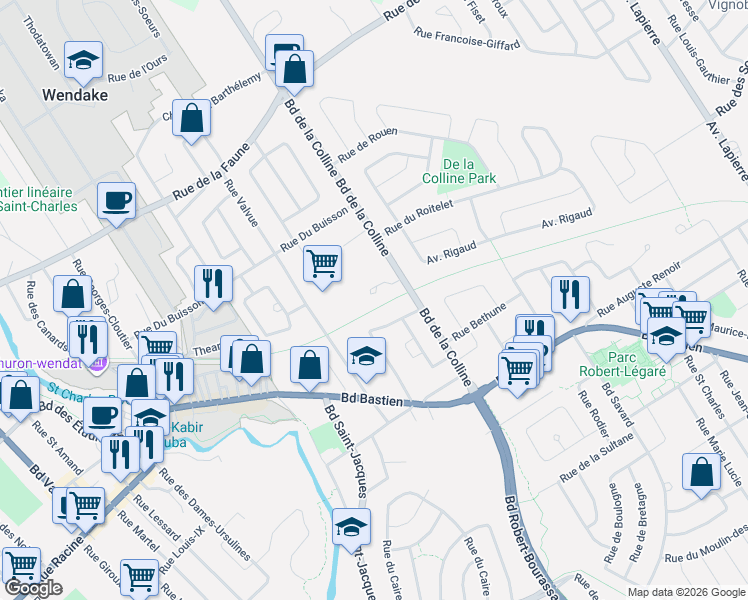 map of restaurants, bars, coffee shops, grocery stores, and more near 11465 Boulevard de la Colline in Québec