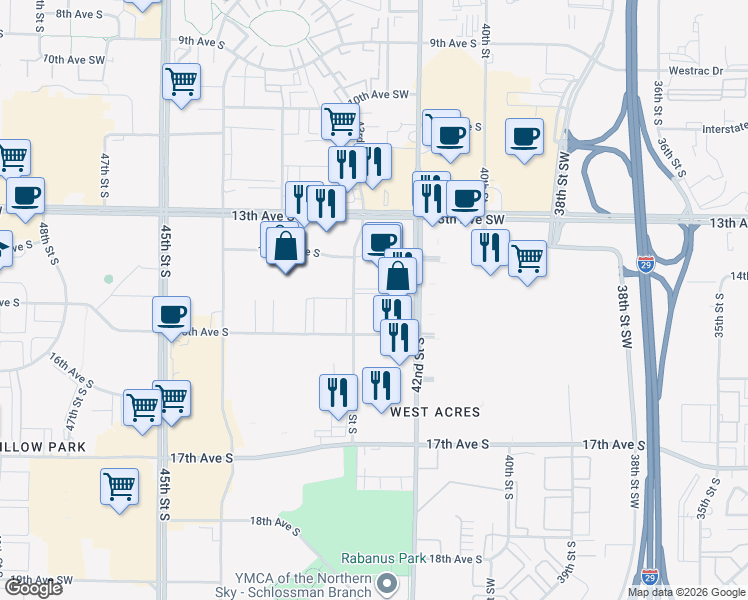 map of restaurants, bars, coffee shops, grocery stores, and more near 1426-1498 43rd St S in Fargo