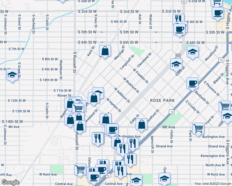 map of restaurants, bars, coffee shops, grocery stores, and more near 900 Cleveland Street in Missoula