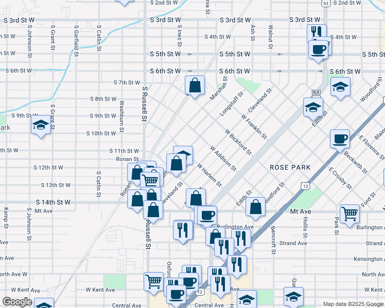 map of restaurants, bars, coffee shops, grocery stores, and more near 923 Longstaff Street in Missoula