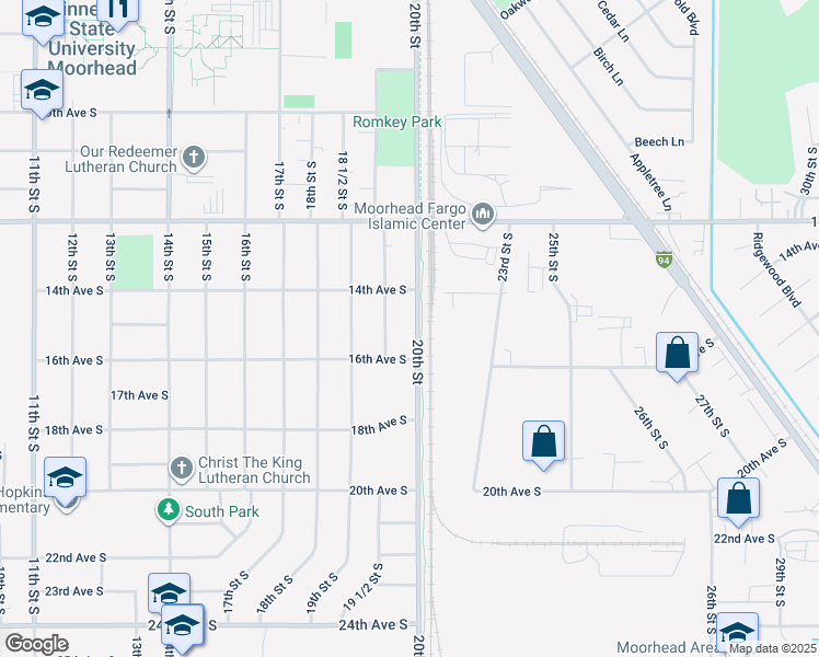 map of restaurants, bars, coffee shops, grocery stores, and more near 1915 14th Avenue South in Moorhead