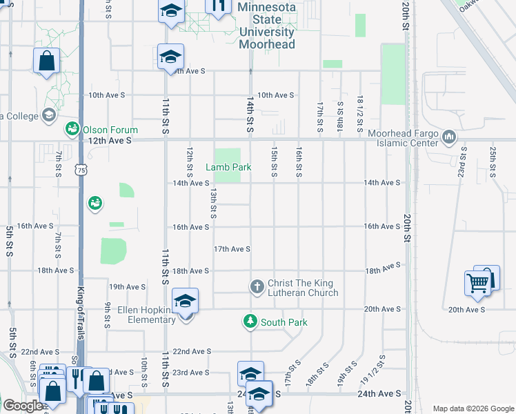 map of restaurants, bars, coffee shops, grocery stores, and more near in Moorhead