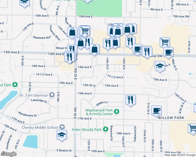 map of restaurants, bars, coffee shops, grocery stores, and more near 1224 Cedar Way in West Fargo