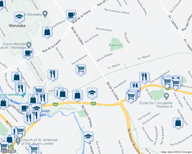 map of restaurants, bars, coffee shops, grocery stores, and more near 11465 Boulevard de la Colline in Québec