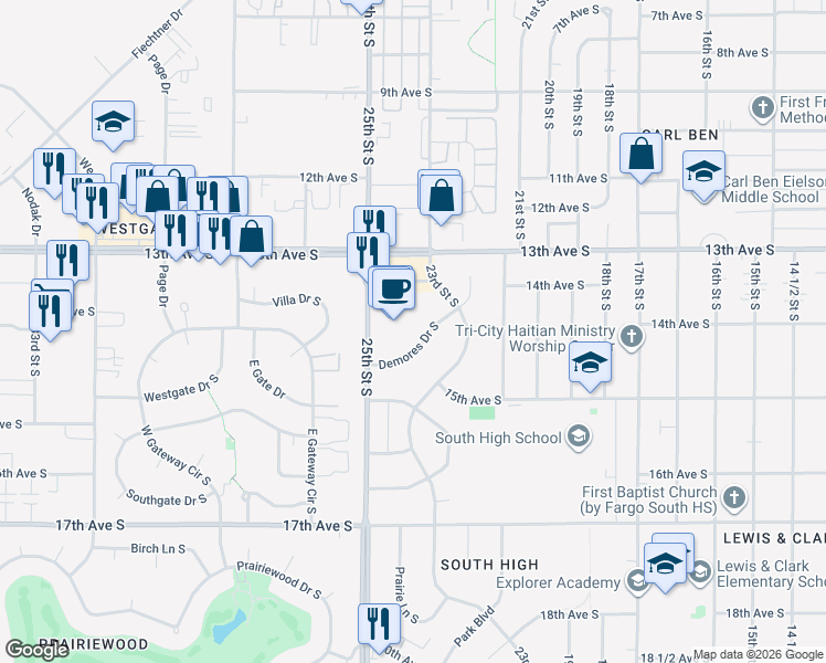 map of restaurants, bars, coffee shops, grocery stores, and more near 1325 23rd Street South in Fargo