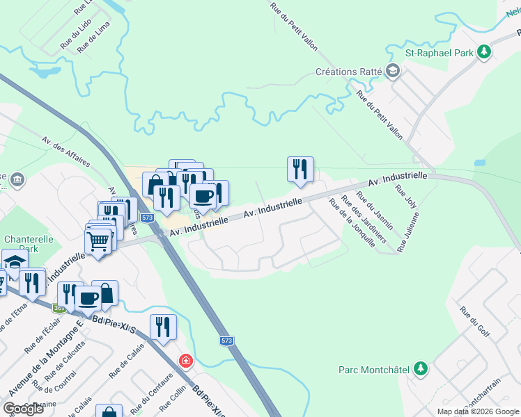 map of restaurants, bars, coffee shops, grocery stores, and more near 2088 Avenue Industrielle in Québec
