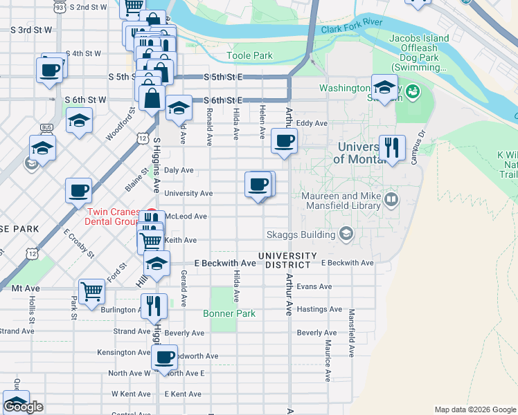 map of restaurants, bars, coffee shops, grocery stores, and more near 1221 Helen Avenue in Missoula