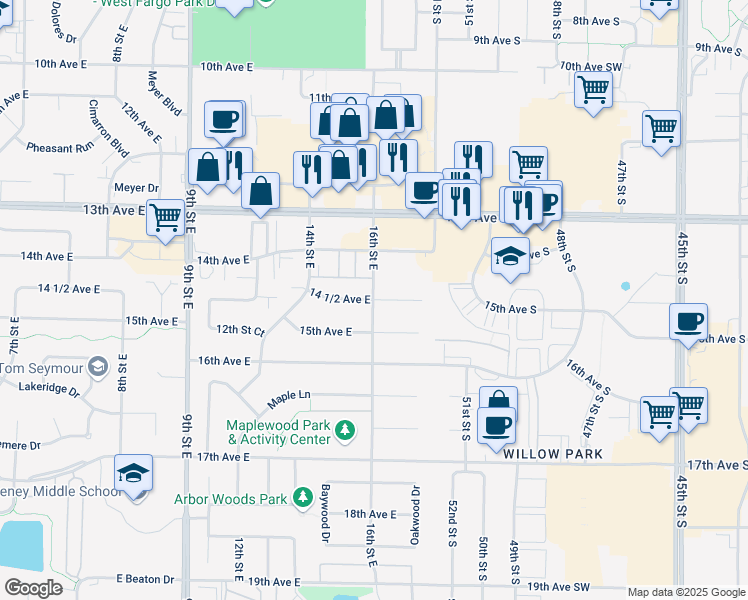 map of restaurants, bars, coffee shops, grocery stores, and more near 1400 Crossway Drive in West Fargo