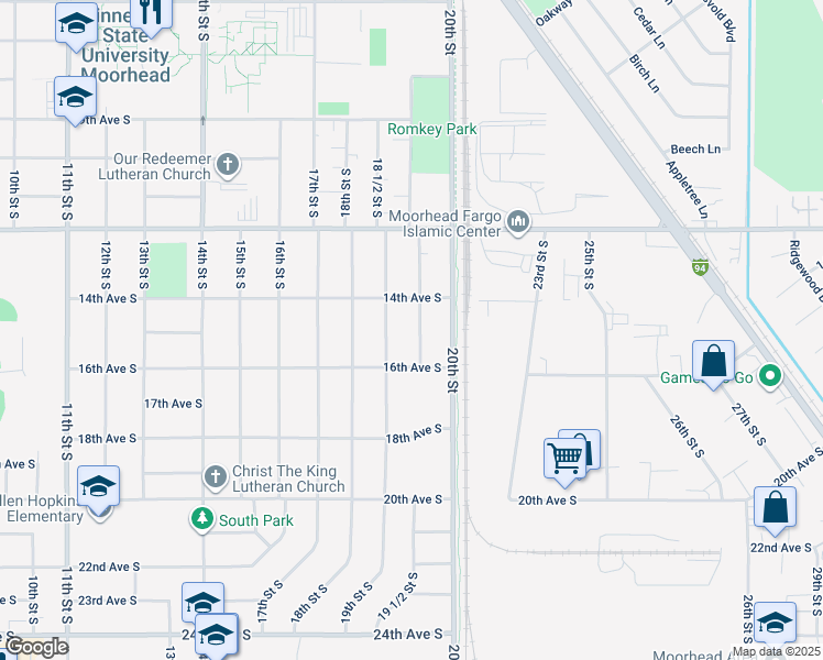 map of restaurants, bars, coffee shops, grocery stores, and more near 1406 19th Street South in Moorhead