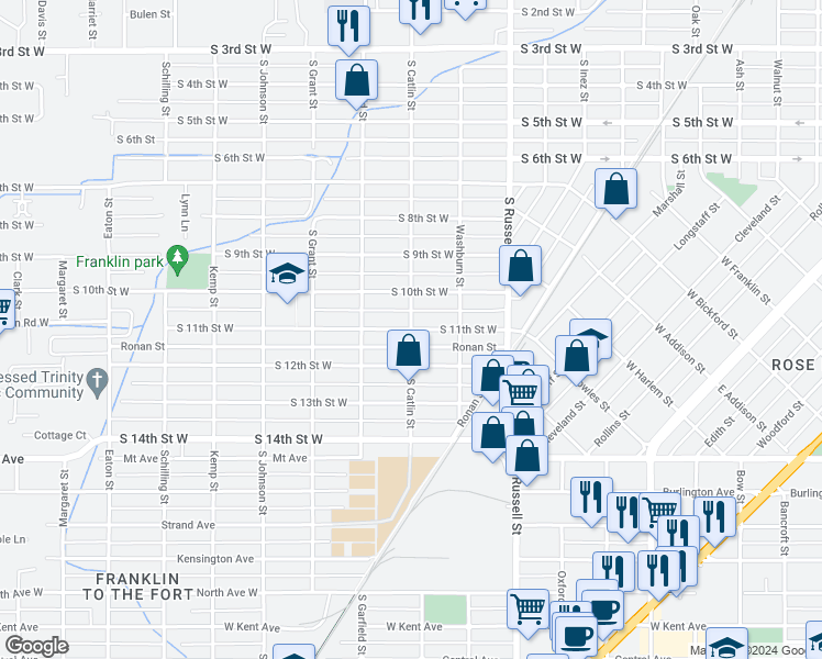 map of restaurants, bars, coffee shops, grocery stores, and more near 1301 South Catlin Street in Missoula