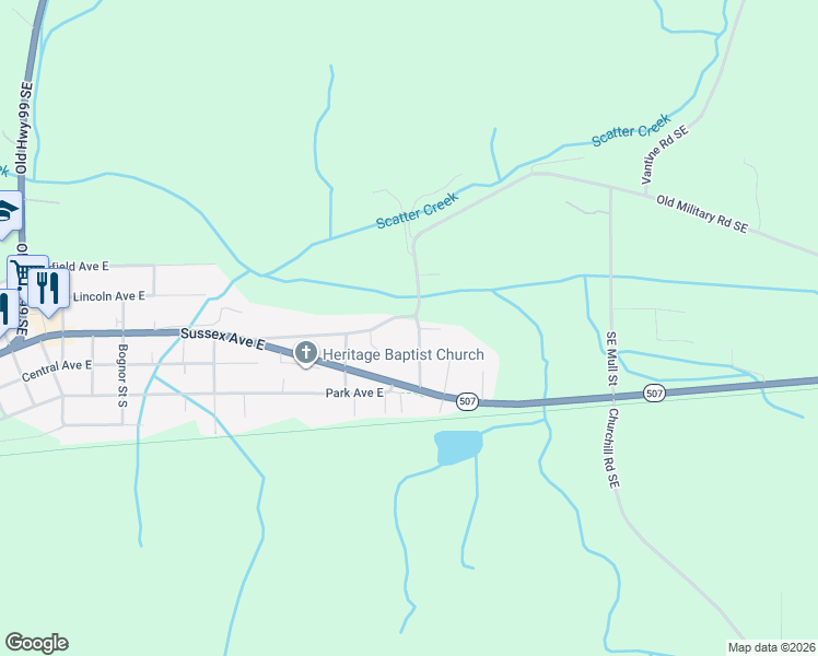 map of restaurants, bars, coffee shops, grocery stores, and more near 1472 Old Military Road Southeast in Tenino