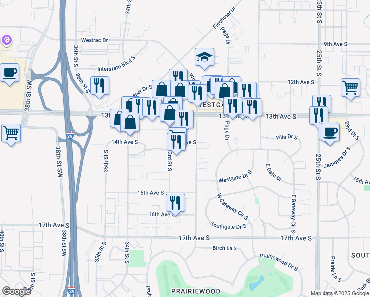 map of restaurants, bars, coffee shops, grocery stores, and more near 3201-3299 14th Avenue South in Fargo