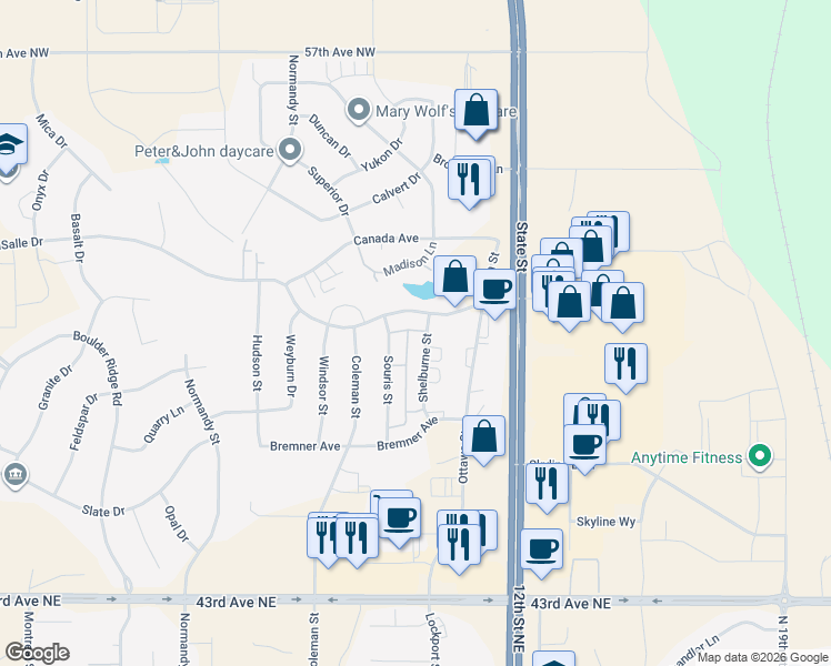 map of restaurants, bars, coffee shops, grocery stores, and more near 1109 East LaSalle Drive in Bismarck