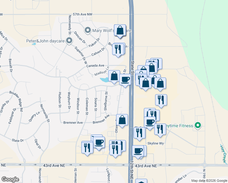 map of restaurants, bars, coffee shops, grocery stores, and more near 1117 East LaSalle Drive in Bismarck