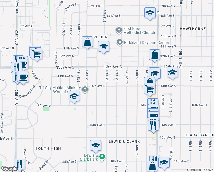 map of restaurants, bars, coffee shops, grocery stores, and more near 1601 14th Avenue South in Fargo
